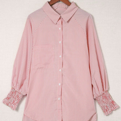 Sidney- Striped Red Button Down Pocketed Blouse