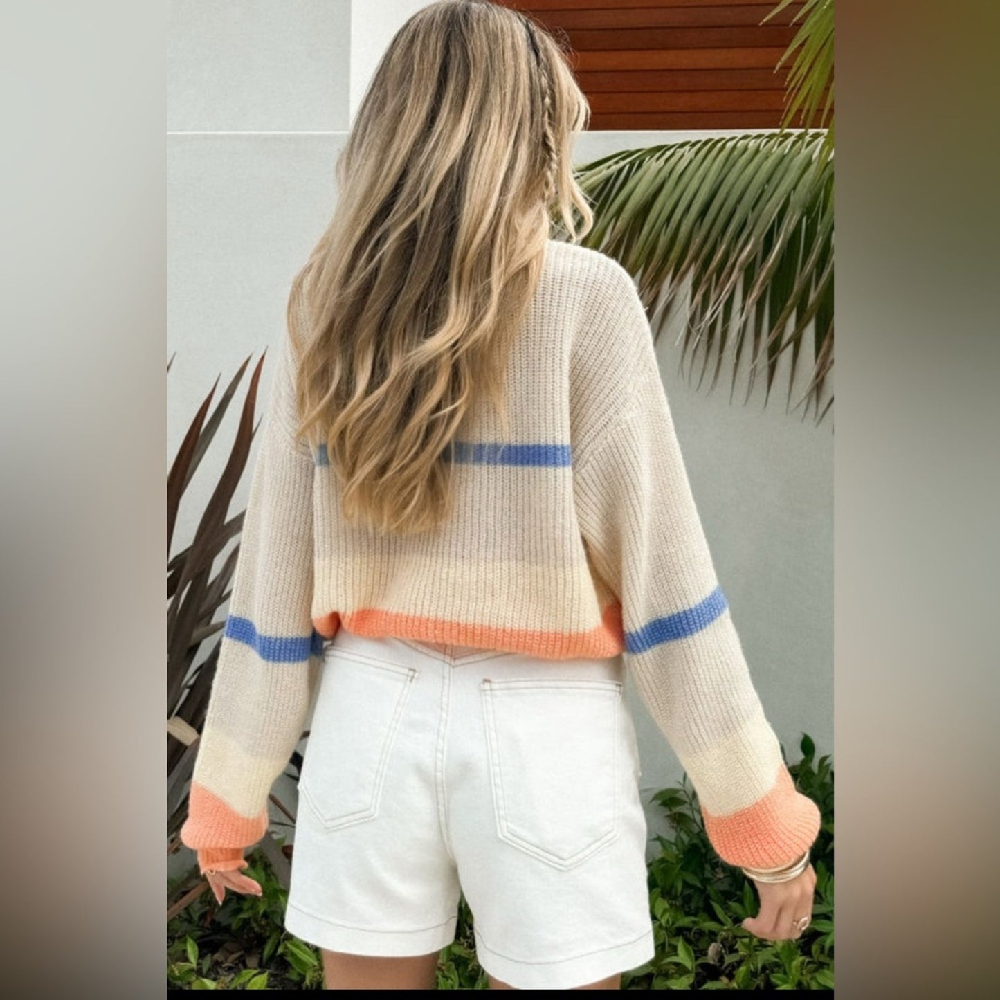 Presley beige colorblock striped drop shoulder cozy sweater