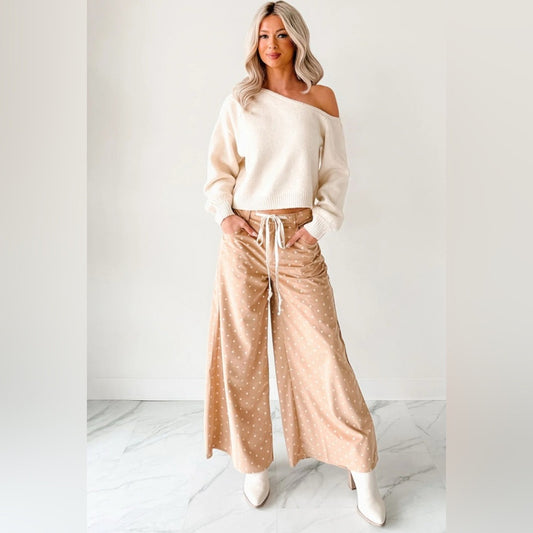 Emilia- Tan Polka Dot Wide-Leg Pants