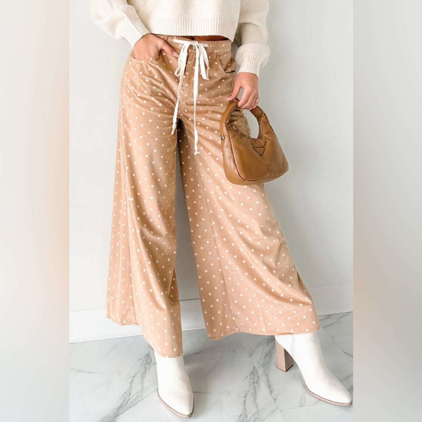 Emilia- Tan Polka Dot Wide-Leg Pants
