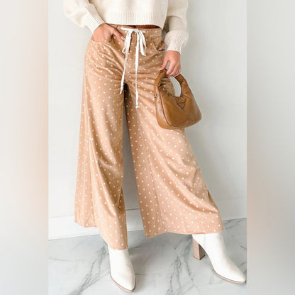 Emilia- Tan Polka Dot Wide-Leg Pants