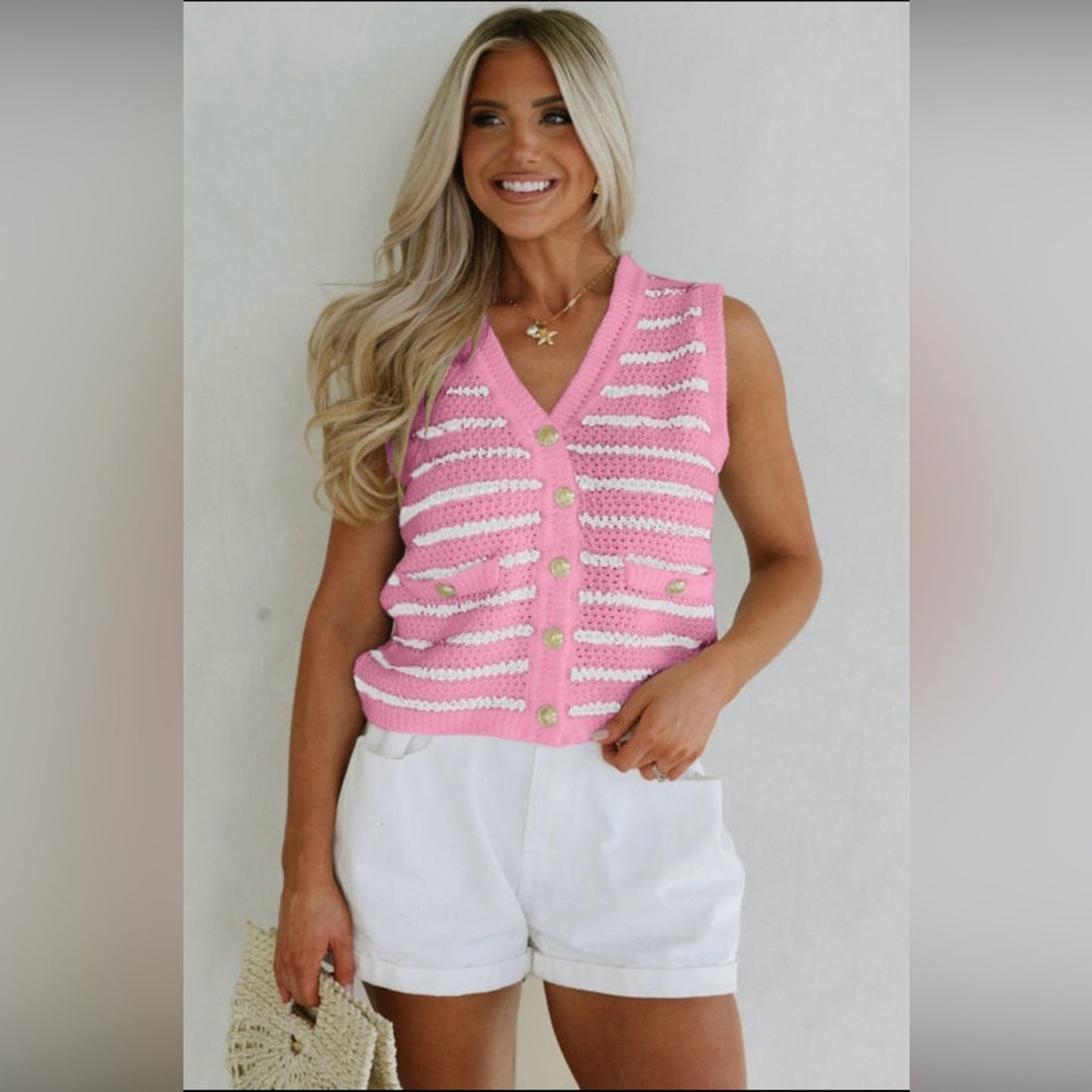 Caitlyn- Pink and White Striped Knit Vest