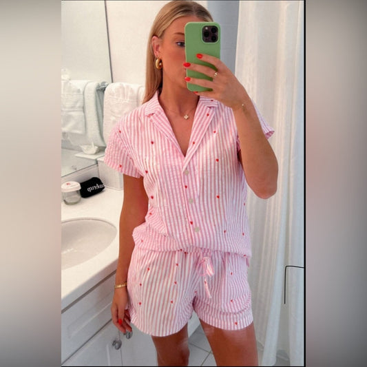 Harleigh - Pink Striped Pajamas with Red Hearts