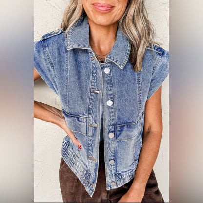 Ashley blue acid wash elastic hem button up jean jacket