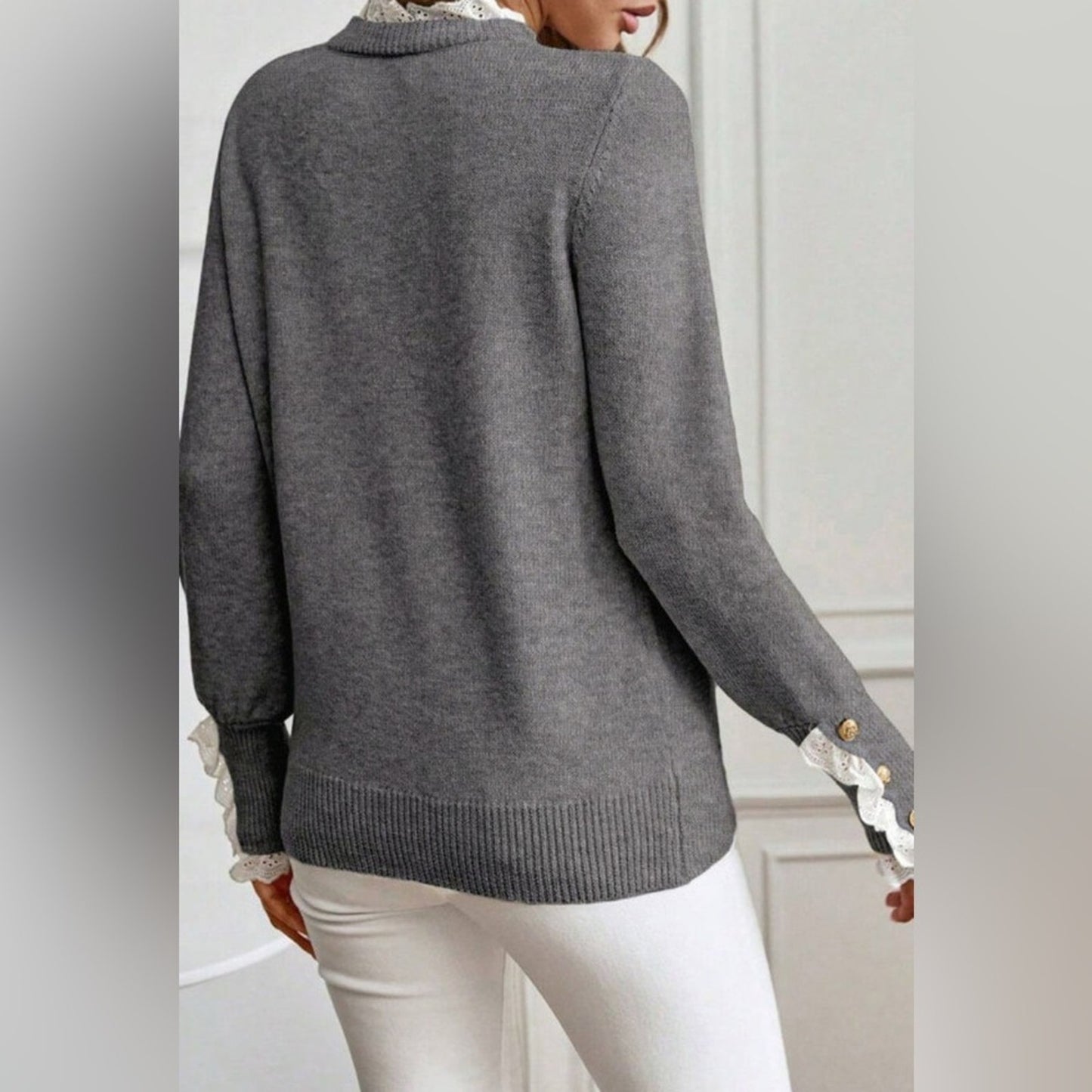 Quincy- Gray Sweater with Lace Cuff Detail